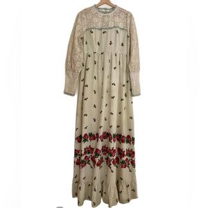 Gunny Sax Style Vintage Lace Rose Floral Maxi Cream Blue Bridal Western Dress M